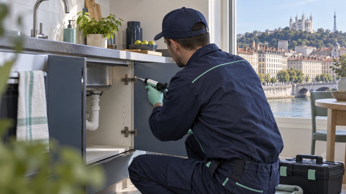 Technicien appliquant du gel anti-cafards sur les charnières d'un meuble sous évier, à Lyon